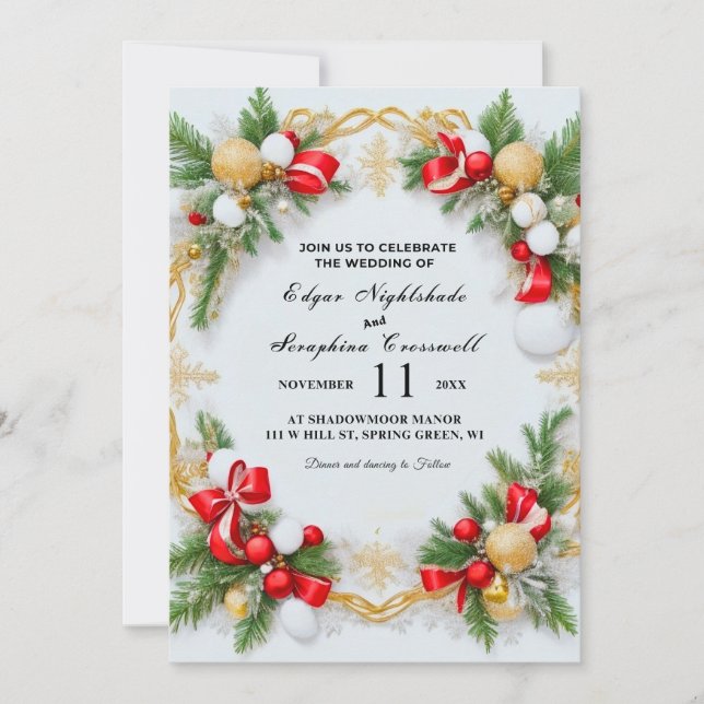 Elegant Black White Christmas Wedding Invitations (Front)