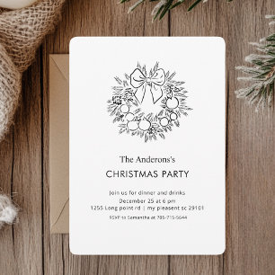 Elegant Black & White Christmas Wreath Party Invitation