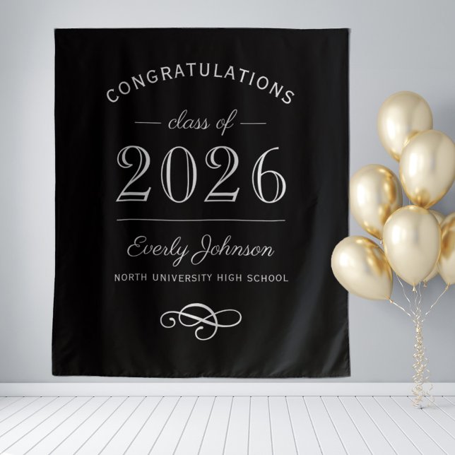Elegant Black White Class of 2026 Backdrop Tapestry (Creator Uploaded)