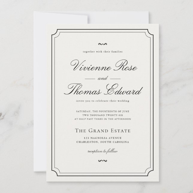 Elegant Black & White Classic Script Wedding Invitation (Front)