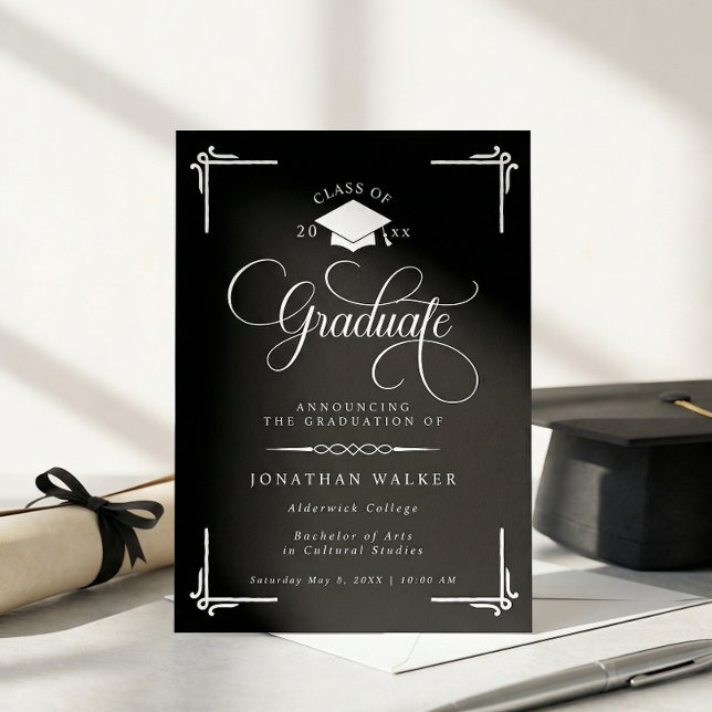 Elegant Black White College Graduation  Announcement (Creator Uploaded)