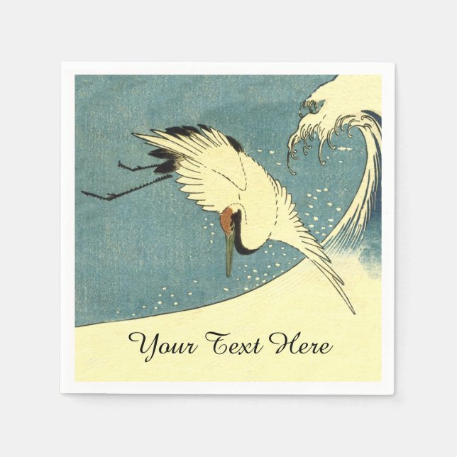 Elegant Black White Crane Flying over Ocean Wave Napkin (Front)