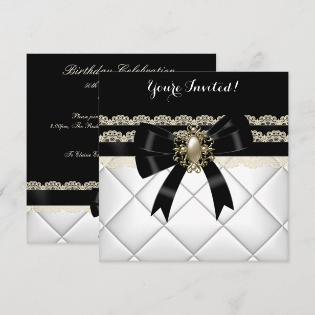 Elegant Black White Cream Pearl Lace Birthday 2 Invitation (Front/Back)