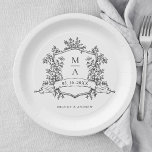 Elegant Black & White Crest Monogram Wedding Paper Plate<br><div class="desc">Classic black and white floral crest wedding paper plate with monograms,  perfect for a modern classic or romantic vintage wedding. For more advanced customization of this design,  please click the BLUE DESIGN TOOL BUTTON above! Matching items are also available.</div>