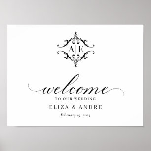 Elegant Black & White Crest Monogram Wedding  Poster