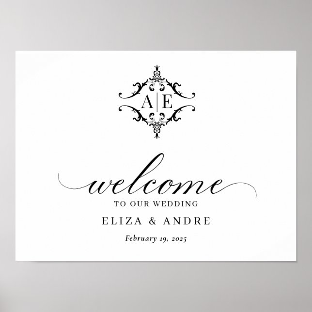Elegant Black & White Crest Monogram Wedding  Poster (Front)
