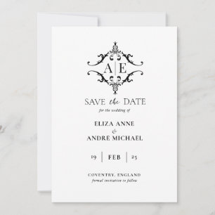 Elegant Black & White Crest Monogram Wedding  Save The Date