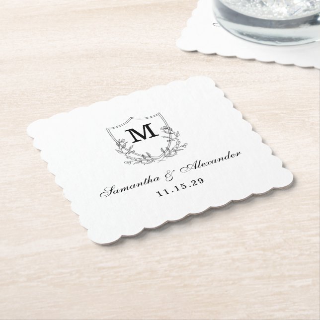 Elegant Black & White Crest Paper Coaster (Angled)
