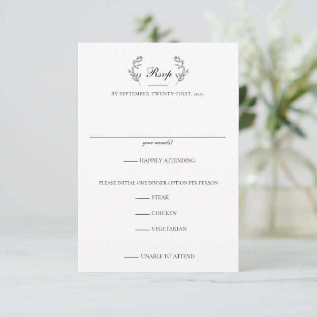 Elegant Black & White Crest Wedding RSVP Card (Standing Front)
