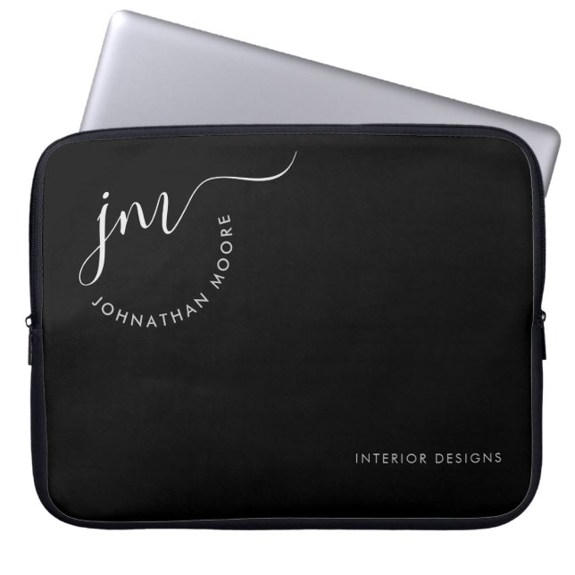 Elegant Black White Curvature Signature Monogram Laptop Sleeve (Front)