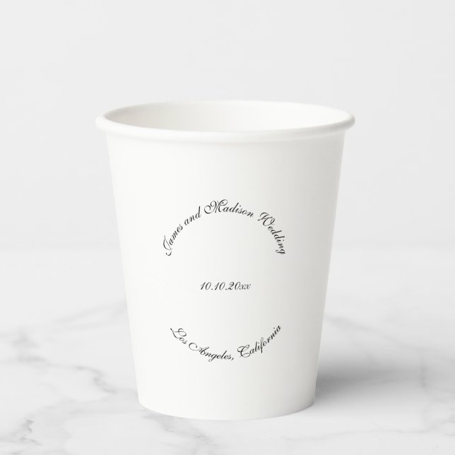 Elegant black white custom curved script wedding paper cups (Front)