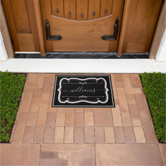 Elegant Black White Custom Decorated Script Name Doormat