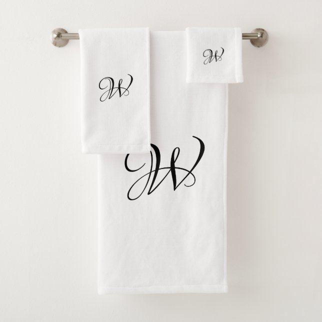 Elegant black white custom monogram initial chic bath towel set (Insitu)
