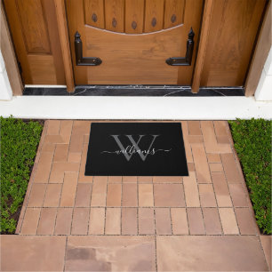 Elegant Black White Custom Monogram Script Name Doormat