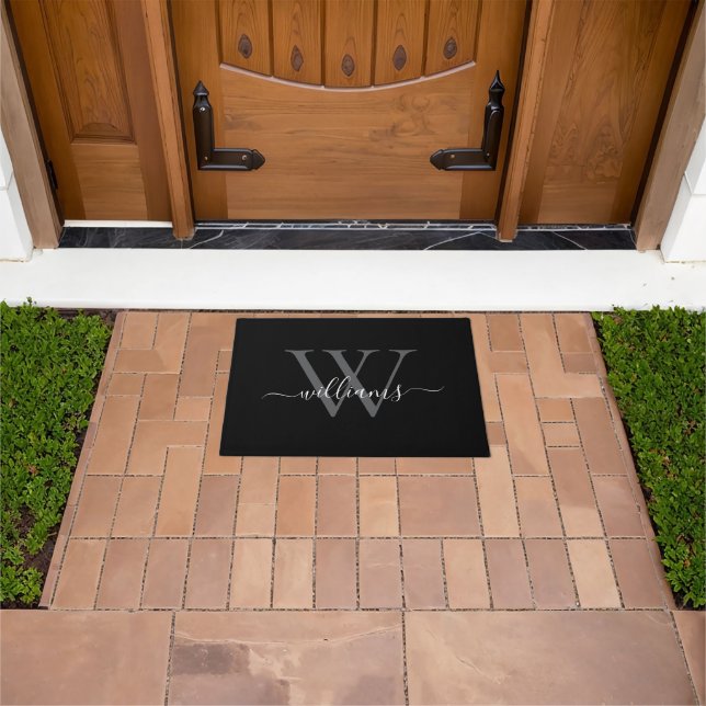 Elegant Black White Custom Monogram Script Name Doormat (Outdoor)