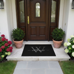 Elegant Black White Custom Monogram Script Name Doormat