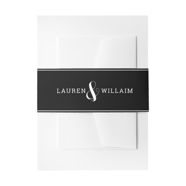 Elegant Black White Custom Monogram Wedding Invitation Belly Band (Front Example)