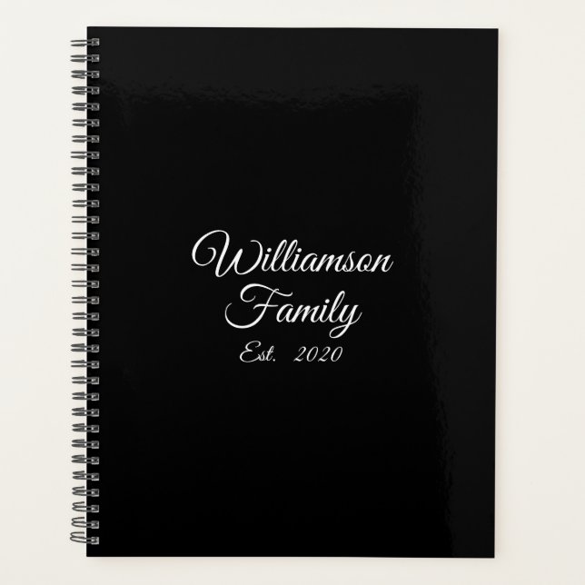 Elegant black white custom script family name date planner (Front)