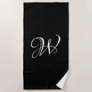 Elegant black white custom script monogram beach towel