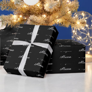 Elegant black white custom script name Birthday Wrapping Paper