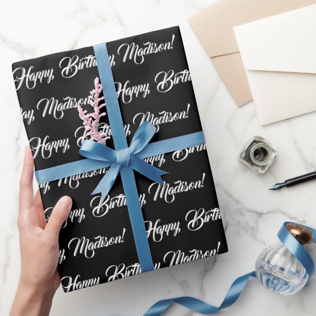 Elegant black white custom script name birthday wrapping paper (Gifting)