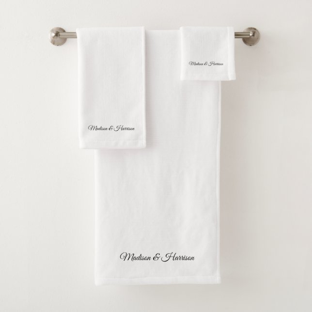 Elegant black white custom script names text chic bath towel set (Insitu)