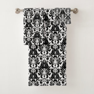 Elegant Black & White Damask Bath Towel Set