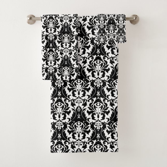 Elegant Black & White Damask Bath Towel Set (Insitu)