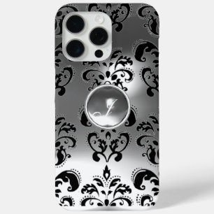 ELEGANT BLACK WHITE DAMASK GREY GEMSTONE MONOGRAM iPhone 15 PRO MAX CASE
