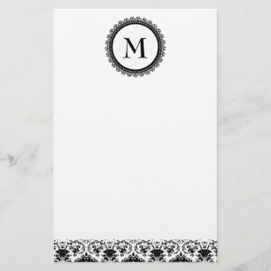 Elegant Black & White Damask Monogram Personalized Stationery