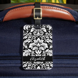 Elegant Black White Damask Pattern Luggage Tag
