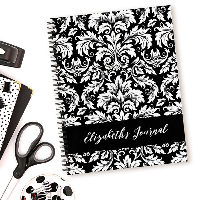 Elegant Black White Damask Pattern Notebook (An elegant black and white damask pattern journal. Makes a cute gift for a friend.)