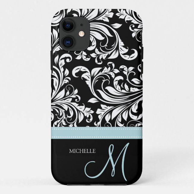 Elegant Black & White Damask Pattern with Monogram Case-Mate iPhone Case (Back)