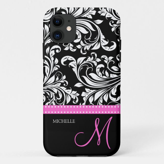Elegant Black & White Damask Pattern with Monogram Case-Mate iPhone Case (Back)