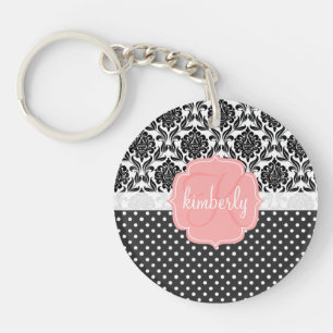 Elegant Black & White Damask Pink Girly Monogram Keychain