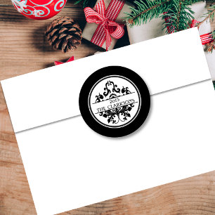 Elegant Black White Damask Round Envelop Seal