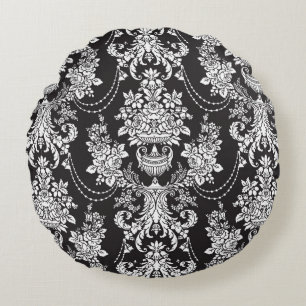 Elegant Black White Damask  Round Pillow