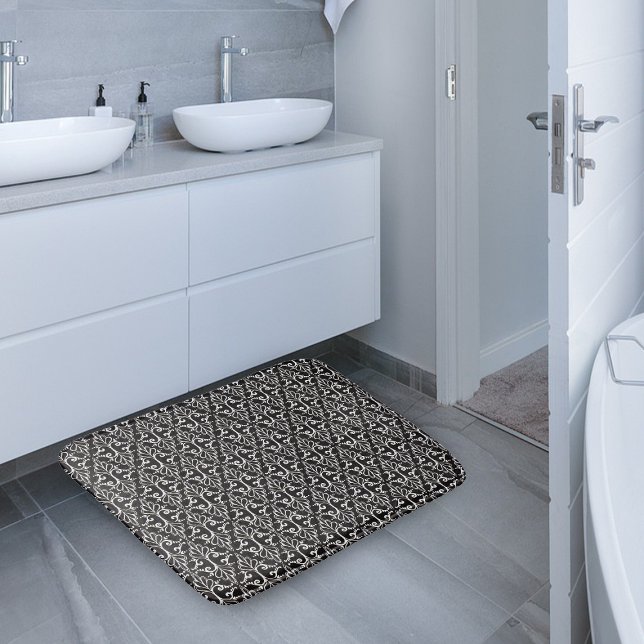 Elegant Black White Damask Scrolls Bath Mat (Black and white damask pattern with fancy scrolls on bath mat.)