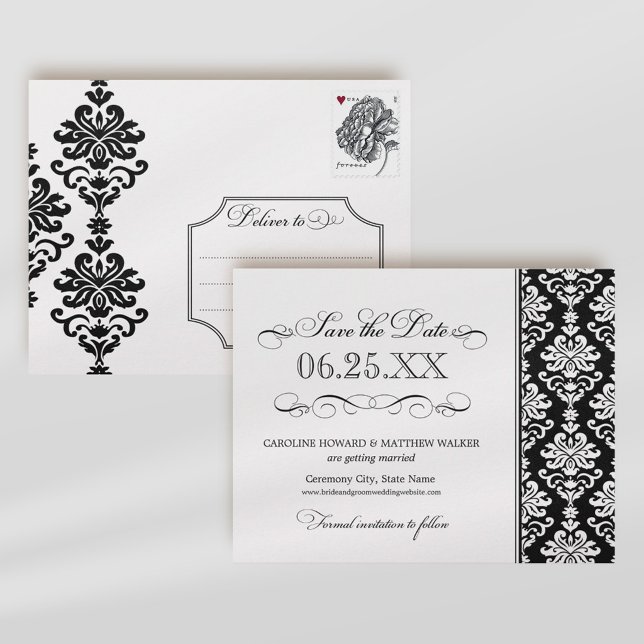 Elegant Black White Damask Scrollwork Wedding Announcement Postcard (Creator Uploaded)