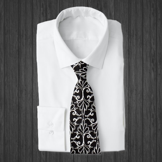 Elegant Black White Damask Tie (Classic black and white damask pattern with Gothic scrolls on men's necktie.)