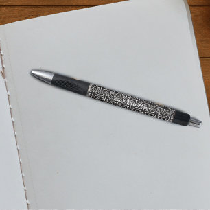 Elegant Black White Damask With White Scrolls Pen