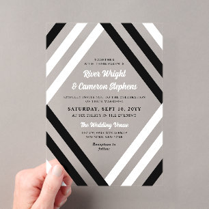 Elegant Black White Diamond Stripes Modern Wedding Acrylic Invitations