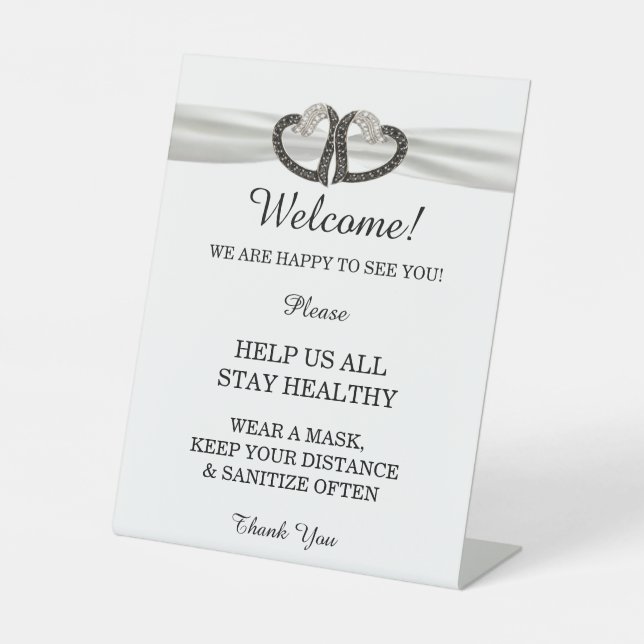 Elegant Black & White Diamond Wedding Safety  Pedestal Sign (Front)
