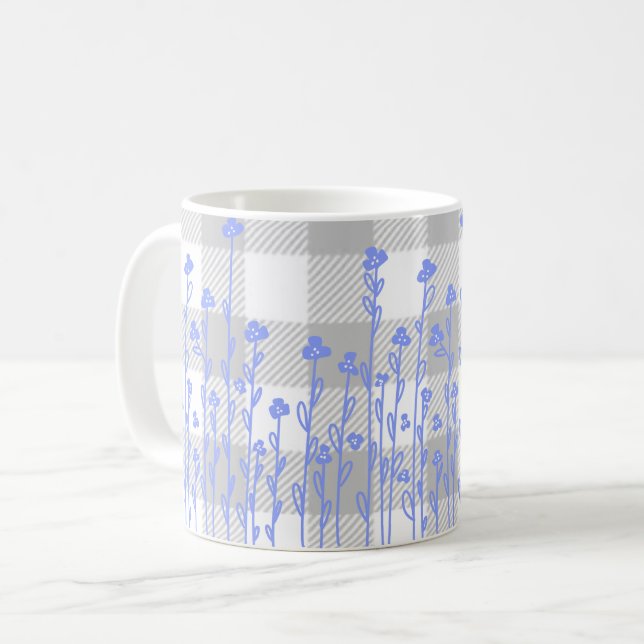 Elegant black white doodle floral blue gingham coffee mug (Front Left)