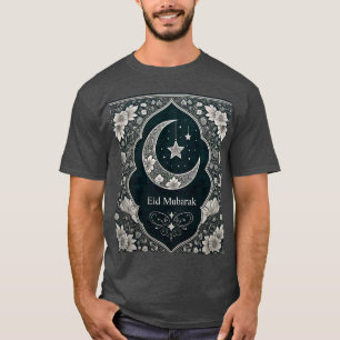 Elegant Black & White Eid Mubarak Floral Crescent T-Shirt