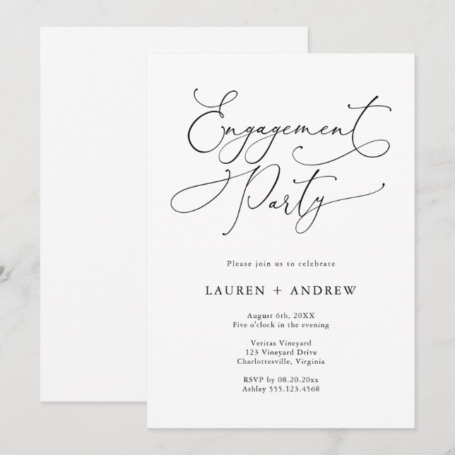 Elegant Black & White Engagement Party Invitation (Front/Back)