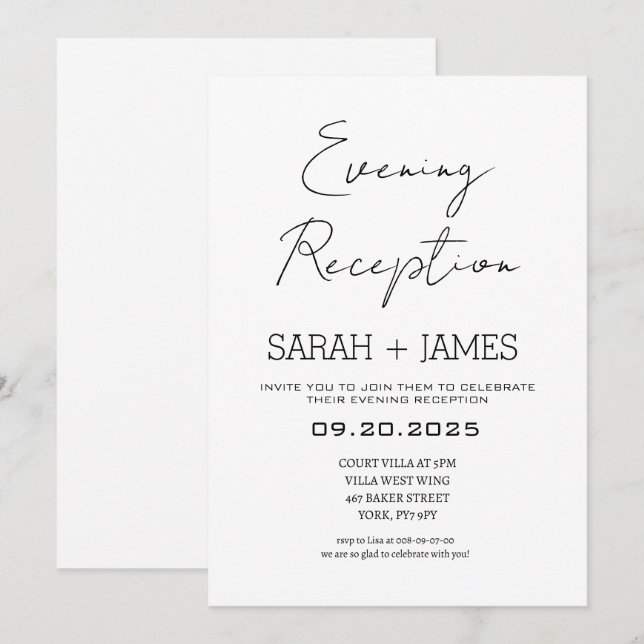 Elegant Black White Evening Reception Wedding  Invitation (Front/Back)