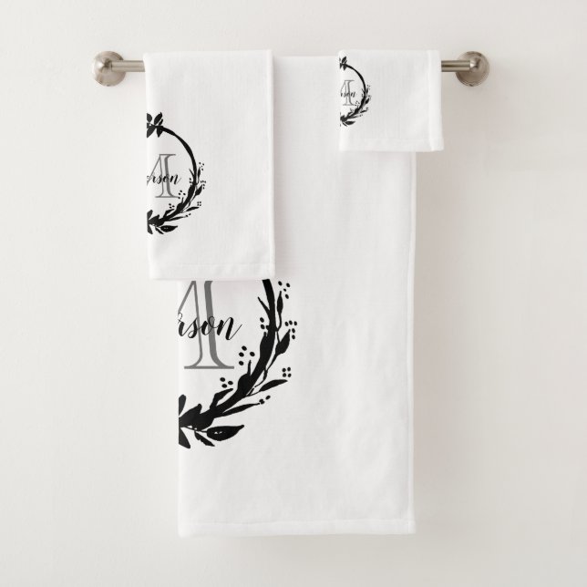 Elegant Black & White Family Botanical Monogram Bath Towel Set (Insitu)