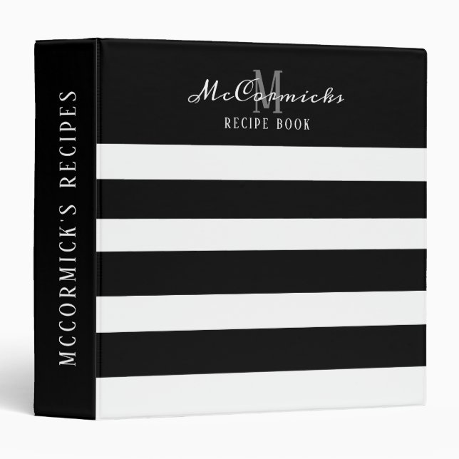 Elegant Black White Family Monogram Recipe  Binder (Front/Spine)