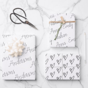 Elegant Black White Family Name Heart Christmas Wr Wrapping Paper Sheet